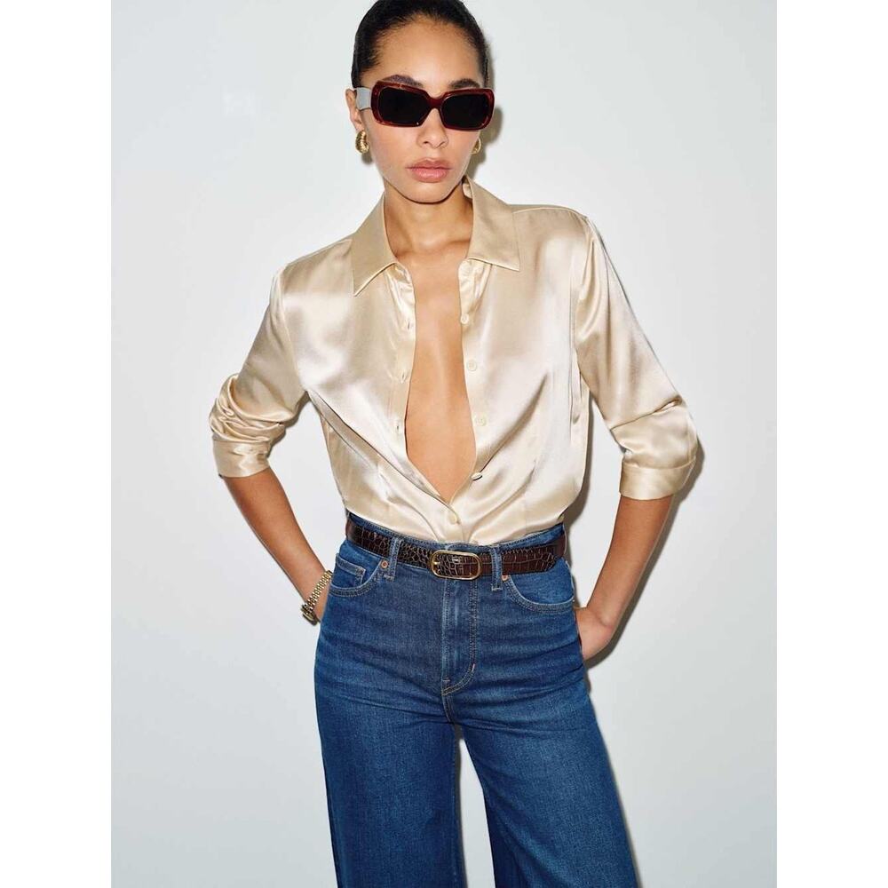 Reformation Satin Button-Front Blouse in Champagne